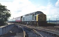 Class 40 no 278 comes off the Royal Border Bridge and into Berwick on 12 September 1970 with a special working in connection with the Edinburgh Festival.<br><br>[Bill Jamieson 12/09/1970]