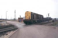 Two Class 20s ease their way out of Toton Yard, crossing the depot access road, prior to joining the main line and heading north. The leading loco is possibly a late substitute as it was very rare to see Toton Type 1s in anything other than <I>nose to nose</I> paired formations. The shed itself is hidden by the train. [See image 7128]<br><br>[Mark Bartlett //1972]