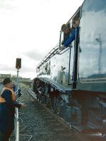 The crew of 60009 <I>Union of South Africa</I> receiving a briefing on arrival at Ayr depot for the 'open day' weekend of 29/30 October 1983.<br><br>[Colin Miller /10/1983]