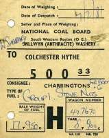 This wagon label describes a consignment of coal (stove nuts) delivered to Charringtons coal concentration depot at Hythe, Colchester, in February 1981. The load originated at Onllwyn Washery in Wales. Hythe had two working coal depots at that time. Charringtons (destination code 500 33) was on the south side of the station while the Co-op depot (500 32) was on the north side.<br><br>[Mark Dufton 07/02/1981]