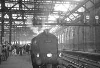 Railtour rescue. 60027 <I>Merlin</I> stands at Waverley on 5 June 1965 after bringing in a Scottish Locomotive Preservation Fund railtour from Carlisle. The circular tour ran from Edinburgh via Newcastle, Carlisle and Hawick, with A3 Pacific no 60052 <i>Prince Palatine</i> scheduled to haul the train throughout. Unfortunately the A3 had run a hot axlebox during the leg from Newcastle resulting in 60027 taking over the train at Carlisle.<br><br>[K A Gray 05/06/1965]