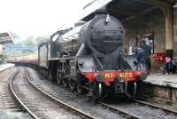 Class S15 4-6-0 no 825 with its smoke deflectors removed, has just brought a train from Whitby into the platform at Pickering on 28 September 2010. [See image 25833]<br><br>[John Furnevel 28/09/2010]