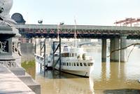 One of the Clyde <I>Maids</I> the TSMV <I>Maid of Ashton</I>, originally entered service on the Gourock - Holy Loch route in May 1953. Seen here transformed on the River Thames as the floating restaurant <I>Hispaniola</I>, moored alongside Hungerford Bridge in early 1980. [See image 31941]<br><br>[Colin Miller //1980]