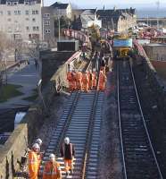 Track renewalon the down line at Burntisland justwest of the station on 27 February, looking over the viaduct by the harbour.<br><br>[Bill Roberton 27/02/2011]