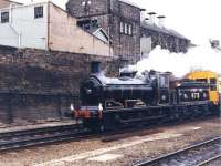 NB 0-6-0 no 673 <I>Maude</I> photographed with her first railtour about to pass through Haymarket station on 4 May 1980. The special ran from Falkirk Grahamston and, although no headboard is being carried, the tour is logged on SBJ as <I>The Rainhill Commemorative</I>. [With thanks to Alan Young, SRPS]  <br><br>[Jim Peebles 04/05/1980]