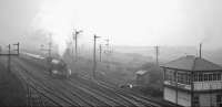 Gresley A3 Pacific no 4472 <I>Flying Scotsman</I> runs through a fog-bound Durranhill on the eastern edge of Carlisle on 26 October 1968 with train 1Z12 the 1.30pm ex-Carlisle RCTS/Flying Scotsman Enterprises <I>'Moorlands Rail Tour'</I>. The special was on its way back to Liverpool Lime Street via the S&C, Leeds, Wakefield Kirkgate and Manchester Victoria.  <br><br>[(c) 2016 Google and (c) 2016 DigitalGlobe 26/10/1968]