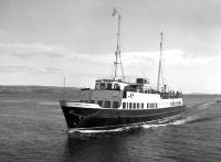 Built for the Caledonian Steam Packet Company at the A&J Inglis Pointhouse yard on the Clyde and launched in 1953, TSMV <i>Maid of Argyll</i> was the second of the four Clyde <I>Maids</I> [see image 32944]. Seen here off Innellan in the 1960s she was eventually sold in 1974 to a Greek cruise line. In 1997, while operating as the <I>City of Corfu</I>, she suffered a serious fire and never sailed again.<br><br>[K A Gray //]