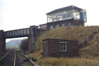 Niddrie North signal box on Sunday 22nd November 1970, showing its elevated position adjacent to the by then lifted Lothian Lines. The tracks on the lower levellead to Niddrie West Junction [see image 33009].<br>
<br><br>[Bill Jamieson 22/11/1970]