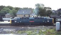 Deltic no 9019 <I>Royal Highland Fusilier</I> runs into the down platform at Berwick, three minutes early, at the head of the 08.30 Newcastle - Edinburgh train on 12 September 1970. This train was allowed 75 minutes for the 67 miles from Newcastle, with intermediate stops at Morpeth and Alnmouth, and would have been easy meat for a Deltic with only seven coaches in tow. <br>
<br><br>[Bill Jamieson 12/09/1970]