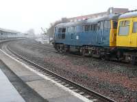 Class 31 no 31106 is about to propel DB999508+DBSO9701 from Kilmarnock towards Greenburn on 4 March 2011 during operations with the 2Q88 Network Rail track measurement train.<br><br>[Ken Browne 04/03/2011]