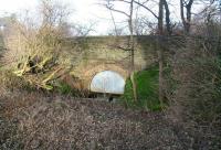 Alongside the B702 on the northern perimeter of Straiton Retail Park, Loanhead, is a short but very old stretch of wall.  The rear of that wall is seen here and below it the sealed portal of a tunnel, lit by the evening sun.  This is where a mineral line once left the Straiton Oil Works site to link with the shale and limestone operations further north towards Burdiehouse. The line ran parallel to the Straiton Sidings mineral line for a short distance, although the latter left the works via a level crossing over the B702 rather than a tunnel under it [see image 33023]. Photographed on 26 February 2011, more than a century after the line closed.<br><br>[John Furnevel 26/02/2011]