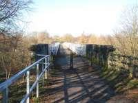 About to head north across Bilston Glen Viaduct on the trackbed between Loanhead and Roslin on 1 March 2011. [See image 16772]<br><br>[John Furnevel 01/03/2011]