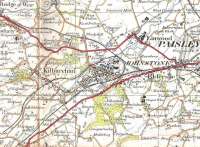 The Johnstone area as seen on this extract of the OS Scottish Popular Edition map of 1925.  Linwood was to become home to a Rootes car plant. Elderslie, reputed birthplace of William Wallace, was where the Paisley Canal branch came in and went out again to Kilmacolm.  Johnstone North, on the Kilbarchan line closed in 1955.  Crown copyright 1955.<br>
<br><br>[David Panton //1925]