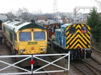 Resident shunter 03073 running brake van trips in the yard of the Crewe Heritage Centre on 12 February. This was part of a charity event to raise funds for the Emmie Dixon Home in the town. 66619 and 70011 were provided as static exhibits by Freightliner Ltd to help support the event.<br><br>[John McIntyre 12/03/2011]