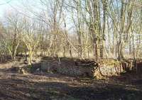 Crumbling remains of part of Whittingham Hospital station, the brickwork marking part of the former waiting area. The station was never staffed as the trains were free to use for staff and visitors alike. The row of concrete blocks mark the line of the former platform in this view looking east from the hospital towards Grimsargh. There are several pictures of the hospital station and railway in operation in David Hindle's new history of the Longridge branch line. Photo taken with kind permission of NHS staff. <br><br>[Mark Bartlett 13/03/2011]