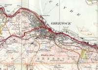 Inverclyde as seen on an OS One Inch map of 1925. One of Scotland's <br>
several Ravenscraigs had a station serving two hospitals. The station closed in 1944, but the hospitals are still there. They are now served by Branchton station which opened (unfashionably) in 1967, by which time Greenock was marching westwards and Ravenscraig was no longer isolated.Further west, Spango was where the IBM plant was later to be built though we had to wait for the computer to be invented first. Also of note is the seaplane station at James Watt Dock. Greenock West is incorrectly shown as being closed: forgetting to 'fill in' stations with red seemed to be a recurring problem of the time. Crown copyright 1925.<br>
<br><br>[David Panton //1925]