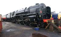 Ready for a test run following an overhaul. BR Standard Class 7 <br>
no 70000 <I>Britannia</I> at the Crewe Heritage Centre on 12 March minus nameplates and finished in unlined black livery. [See image 33054]<br><br>[John McIntyre 12/03/2011]
