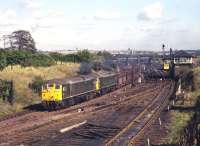 Class 24s 5103+5110, both still in green livery,are digging into the start of the climb to Consett with a mid-day iron ore train from Tyne Dock on 30 September 1970. The initial grades from South Pelaw Junctionto Pelton were bad enough, with stretches at 1 in 58 and 1 in 47, butit got even worse further west with a length of 1 in 35 on the approach to Annfield Plain. <br>
<br><br>[Bill Jamieson 30/09/1970]