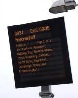 Locals on the Fife coast line are normally going to Waverley, but a few each day are extended to Newcraighall. This Customer Information Screen has recently been installed on Platform 1 at Kinghorn, Platform 2 having had one for about 4 years. Presumably limited clearance (the platform is narrow) is the reason for the 'menu' style screen rather than the sideways scrolling style. It's odd that menu screens don't show the current time: wouldn't this be rather easy to arrange? <br>
<br><br>[David Panton 16/03/2011]