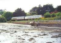 A 2-car DMU photographed near Lelant Saltings on the St Ives branch in June 1995. The single platform 'park and ride' station was opened here in May 1978, specifically to cater for visitors to St Ives, and has proved a great success. The station is served by the half-hourly shuttle running between St Ives and St Erth on the main line. [See image 20823] <br><br>[Ian Dinmore 12/06/1995]