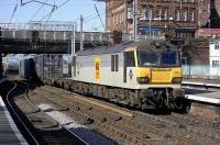 92009 <I>Elgar</I> enters Carlisle station on 18 March with the 4M67 Mossend - Hams Hall intermodal service.<br><br>[Bill Roberton 18/03/2011]