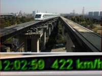 This Shanghi Maglev train covers the 30KM to Pudong Airport in 7 min 20 sec with a normal maximum speed of 433 km/h. Passing another train is quite an experience but otherwise it rides like a Pendolino. The train has a maximum service speed of 433Km/H or 268mph.  A speed indicator is shown in each carriage [lower panel] and a speed of 311 mph was reached on a non commercial run.<br><br>[John Robin 07/03/2011]
