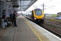 The 05.20 CrossCountry service from Plymouth calls at Berwick on time at 13.22 on 31 March 2011 on its way to Waverley.<br>
<br><br>[Colin Miller 31/03/2011]