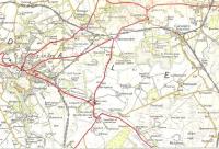 The Carstairs and Lanark area in 1957 as portrayed in the OS One Inch Map. Lanark then had more connections. There was a south - east curve at Lanark Junction allowing an hourly stopping service from Edinburgh Princes Street though the more westerly stops were the lonely stations on the Cobbinshaw section and I can't imagine trains were ever busy.South from Lanark was the Muirkirk branch: the unidentified stop is Lanark Racecourse Halt. Note that the junctions at Carstairs had already been rationalised to the form we have today. Crown copyright 1957.<br>
<br><br>[David Panton //1957]