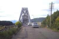 Road traffic crossing Connel Ferry Bridge in 1970, four years after closure of the Ballachulish branch. [See image 33502 for the scene ten years earlier] <br><br>[Frank Spaven Collection (Courtesy David Spaven) //1970]