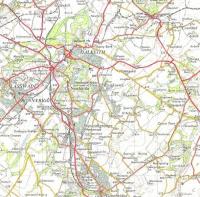 The Dalkeith area as seen on the 1957 OS One Inch map. The Waverley <br>
Route runs north to south and is the source of various branches <br>
including the short one to Dalkeith itself (the white rectangle) which closed during WWII. Notice also below Eskbank the stub of the line which once extended to the Dalkeith Colliery line, then existing as far as Thornybank (as it's now spelled).To the east there was once a halt at Crossgatehall on the Ormiston line. Crown copyright 1957.<br>
<br><br>[David Panton //1957]