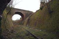 Looking east from Ann Street tunnel towards Lynedoch station in March 2011. Mearns Street signal box was built into the recess in the supporting wall on the right and controlled access to Lynedoch goods depot. The route into the depot diverged to the left just beyond the bridge. [See image 7199] for the scene in 1963.<br><br>[Graham Morgan 22/03/2011]