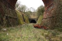 Looking west towards Ann Street tunnel with the recess that once contained Mearns Street signal box on the left. The box, which controlled access to the goods yard adjacent to Lynedoch Station, was accessed from Mearns Street (on the bridge above the camera) by a very steep set of steps. The burnt out car is a more recent addition.<br><br>[Graham Morgan 22/03/2011]