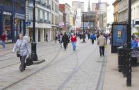 Dundee City centre has a short stretch of redundant tramway (just like Edinburgh!) from the system closed in 1956. This is Murraygate on 8 April.<br>
<br><br>[Bill Roberton 08/04/2011]