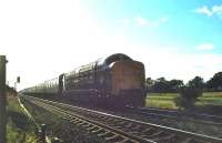 A Deltic takes a train south on the ECML near St Germains level crossing in late afternoon sunshine during the 1980s.<br><br>[Bruce McCartney //]