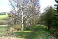 Looking south east along the trackbed of the Peebles Railway towards Cardrona on 8 April 2011. Standing on top of the hill to the left are the ruins of Horsburgh Castle, a sixteenth century tower house. <br><br>[John Furnevel 08/04/2011]