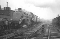 60019 <I>Bittern</I> at Skipton station on 25 November 1967 with the MRTS <I>Mancunian</I> (also advertised as <I>The Lancs & Yorks Rambler</I>) on its way from Leeds to Manchester via Carnforth and Preston.<br><br>[K A Gray 25/11/1967]