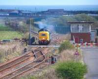 Privately preserved Deltic no D9000/55022 <I>Royal Scots Grey</I>, about to traverse Freemans Crossing, North Blyth, on 12 April 2011 while on hire to GBRf.<br><br>[Colin Alexander 12/04/2011]