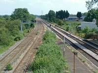 The south end of Loughborough (Midland) station in 2003. The line was crossed by a bridge of the Great Central Railway's London Extenson. It is planned that this bridge is replaced to allow the branch to Rushcliffe and Ruddington to be connected to today's Great Central Railway at what is presently the terminus of Loughborough Central.<br><br>[Ewan Crawford 14/07/2003]