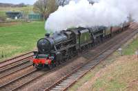 Black Fives 45407 and 44871 speed through Blackford on 16 April with support coaches in tow en route to Inverness in connection with the <I>Great Britain</I> excursion.<br><br>[Bill Roberton 16/04/2011]