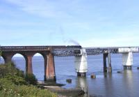 Royal Scot no 46115 <I>Scots Guardsman</I> slowly hauls the Edinburgh to Inverness section of the 'Great Britain IV' railtour out onto the Tay Bridge on 17 April.<br><br>[John Robin 17/04/2011]