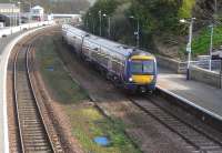 170 426 arives at Cupar station with a Dundee to Edinburgh semi-fast on 9 April 2011.<br><br>[David Panton 09/04/2011]