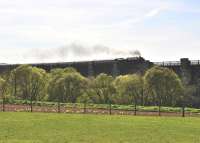 Rebuilt Scot no 46115 <I> Scots Guardsman </I> races across Marykirk Viaduct on 17 April with <I> The Great Britain IV </I> on its way to Inverness via Aberdeen.<br>
<br><br>[John Gray 17/04/2011]