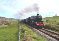 <I>The Great Britain IV</I> seen on 18 April with Black 5's 45407 <I> The Lancashire Fusilier </I> and 44871 working hard on the first stage of the long climb from Rogart to Lairg.<br><br>[John Gray 18/04/2011]