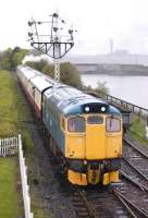 27001 leads the 14.48 from Manuel into Bo'ness on 23 April with Neilson Reid No.1 at the rear.  Longannet Power Station lurks in the background.<br><br>[Bill Roberton 23/04/2011]