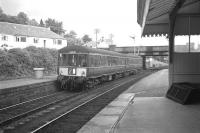 A DMU leaving Callander station in September 1965. While the rear destination panel shows Larbert, the front panel shows Stirling. Little remains of the station here with most of the land now used for car parking, although Ancaster Road bridge spanning the tracks in the background still stands [see image 18095].<br><br>[Colin Miller /09/1965]