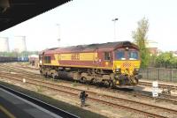 66033 standing alongside Didcot station on 21 April 2011. This locomotive is part of the <I>Euro Cargo Rail</I> fleet, as shown by the red and white markings under the front window and the white patch at the far end.... not to mention the words <I>Euro Cargo Rail</I> on the bodysides.<br><br>[Peter Todd 21/04/2011]