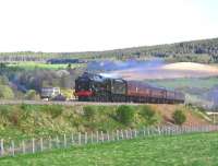 Between Keith and Elgin the line drops down to cross the River Speyon a viaduct atBoat o' Brig. Having just crossed the viaduct on 17 April, rebuilt Scot no 46115 <I> Scots Guardsman </I> begins the climb up towards Elgin withthe <I>Great Britain IV</I> railtour. The viaduct can be seen in the left background.<br><br>[John Gray 17/04/2011]