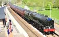 Royal Scot no 46115 <I>Scots Guardsman</I> photographed on 21 April 2011 hauling the <I>Great Britain IV</I> past the newly restored station building at Sanquhar. [See recent news item]<br><br>[Peter Rushton 21/04/2011]