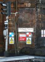 Information panels and signal at the mouth of Wellpark Tunnel, Greenock Central, April 2011.<br><br>[Graham Morgan 02/04/2011]