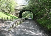 The station remains at Rosslyn Castle on the Penicuik branch, closed to passengers in 1951. The line survived until 1967 as a freight only route serving paper mills along the North Esk but is now part of a walkway / cycle path. Photographed on 2 May 2011 looking north east towards the former junction with the Peebles Railway at Hawthornden.<br><br>[John Furnevel 02/05/2011]